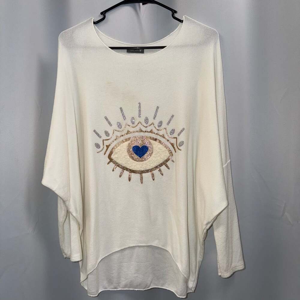 Made With Sweater Size 10 White Evil Eye Knit Pullover